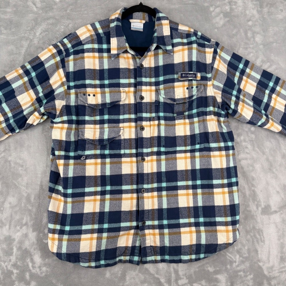 Columbia PFG Flannel Shirt Shacket Jacket Men XL Fleece Lined Plaid Blue Outdoor - Picture 5 of 16